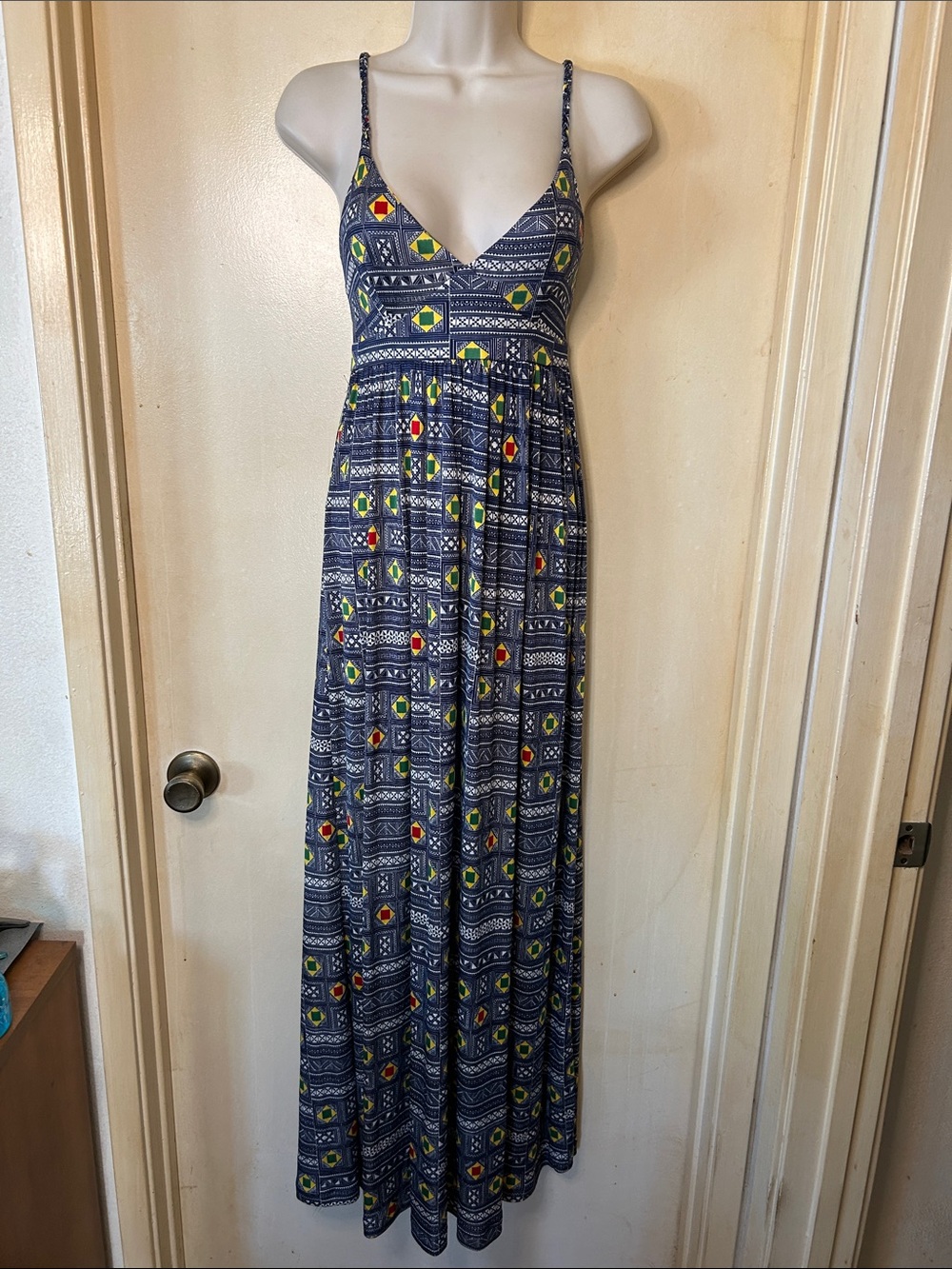 Nieves Lavi for Anthropologie Silk Navy Geometric Print Maxi Dress size 2
